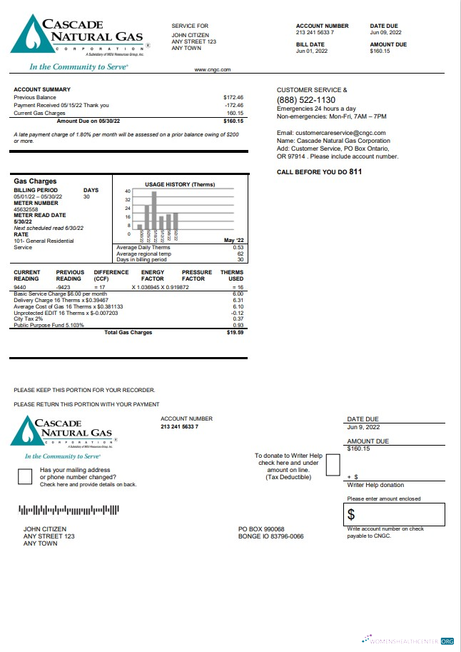 download download USA Cascade Natural Gas utility bill, Word and PDF template PDF template PDF template